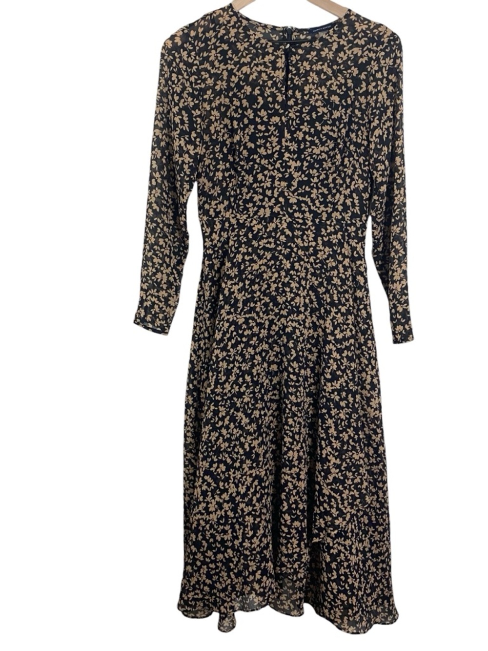Tommy Hilfiger Womens Midi Dress Long Sleeve Size 4 Black Tan Floral Chiffon